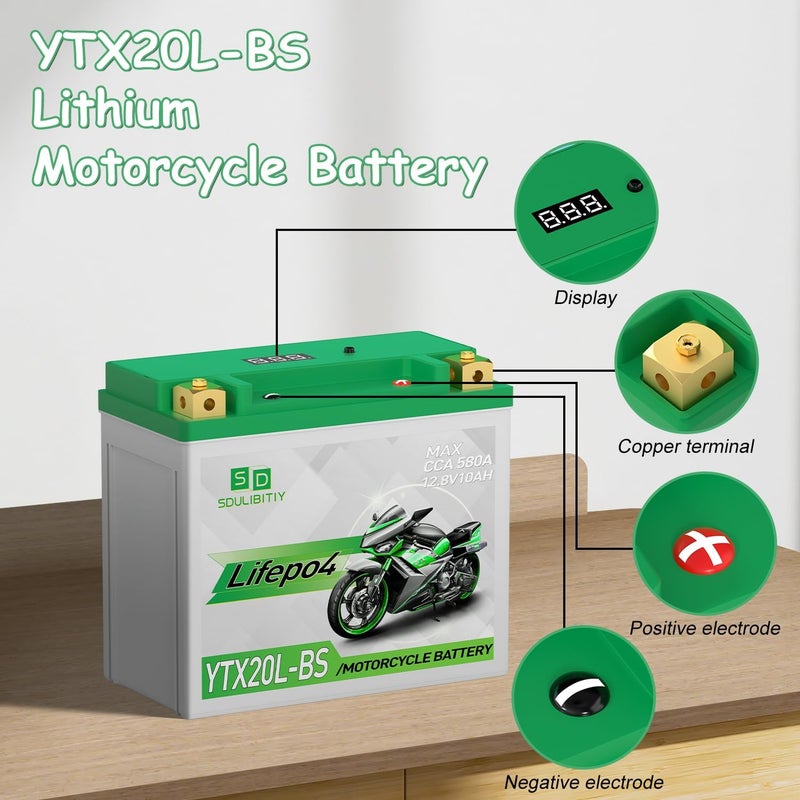 SDULIBITIY بطارية دراجة نارية ليثيوم LiFePO4 YTX20L-BS 12.8V 10Ah 580-750CCA بطارية رياضية للدراجات النارية متوافقة مع ATV و UTV و جت سكي و 4 عجلات و سكوتر و PWC و Seadoo و Polaris وبطارية مولدات - Image 2